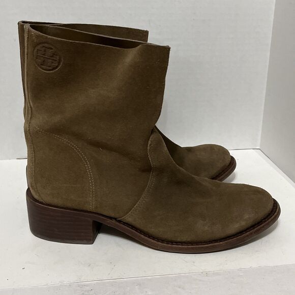 Tory Burch Sienna River Rock Embossed Logo Suede Leather Ankle Boots 7.5M - Picture 6 of 9